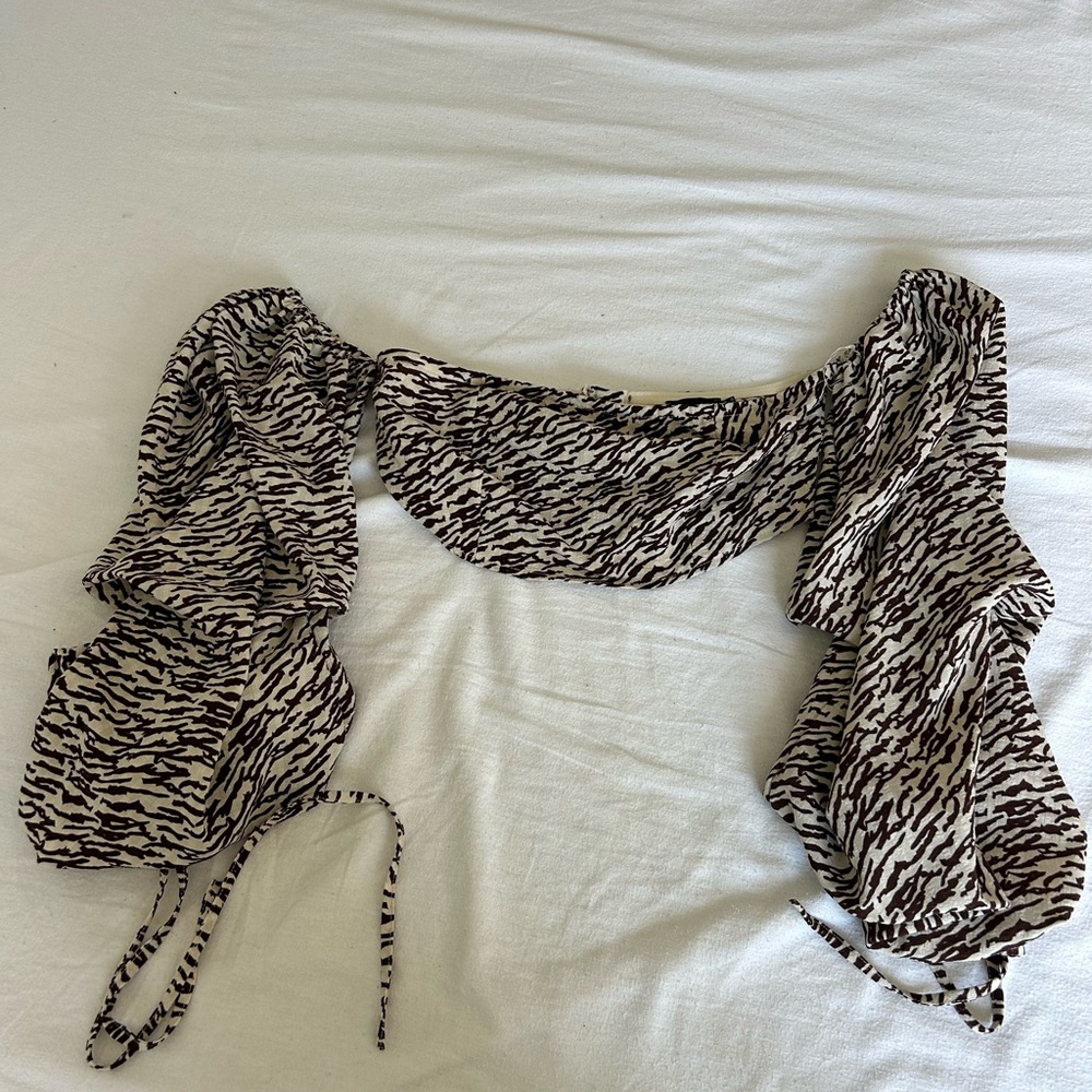 Brown and White Striped Puff Sleeve Crop Top